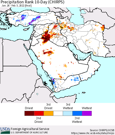 Middle East and Turkey Precipitation Rank since 1981, 10-Day (CHIRPS) Thematic Map For 1/26/2022 - 2/5/2022