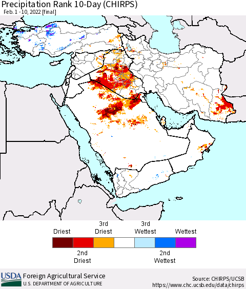 Middle East and Turkey Precipitation Rank since 1981, 10-Day (CHIRPS) Thematic Map For 2/1/2022 - 2/10/2022