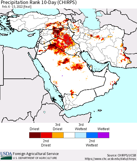 Middle East and Turkey Precipitation Rank since 1981, 10-Day (CHIRPS) Thematic Map For 2/6/2022 - 2/15/2022