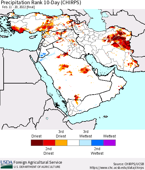 Middle East and Turkey Precipitation Rank since 1981, 10-Day (CHIRPS) Thematic Map For 2/11/2022 - 2/20/2022