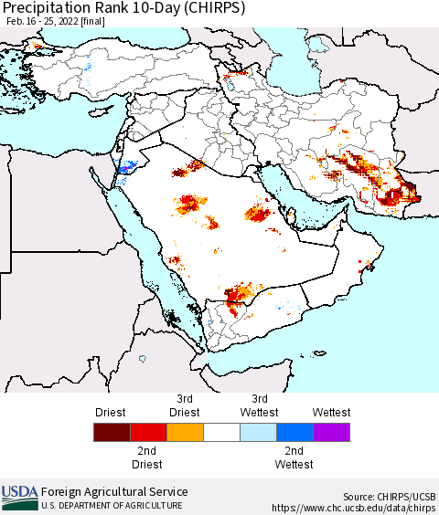 Middle East and Turkey Precipitation Rank since 1981, 10-Day (CHIRPS) Thematic Map For 2/16/2022 - 2/25/2022