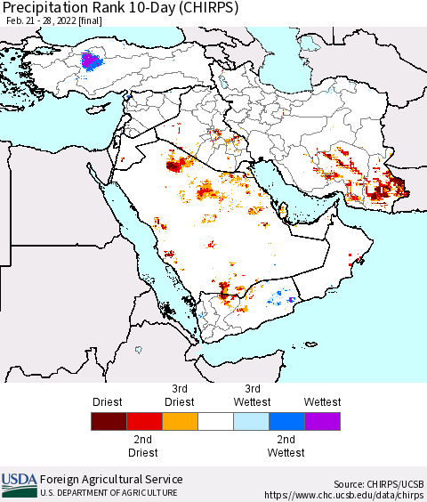 Middle East and Turkey Precipitation Rank since 1981, 10-Day (CHIRPS) Thematic Map For 2/21/2022 - 2/28/2022