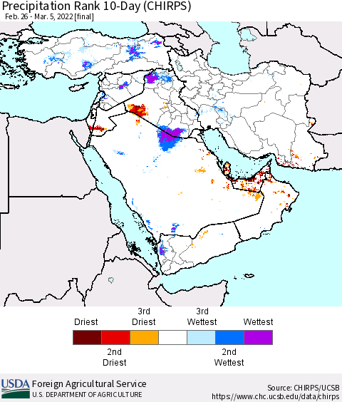 Middle East and Turkey Precipitation Rank since 1981, 10-Day (CHIRPS) Thematic Map For 2/26/2022 - 3/5/2022