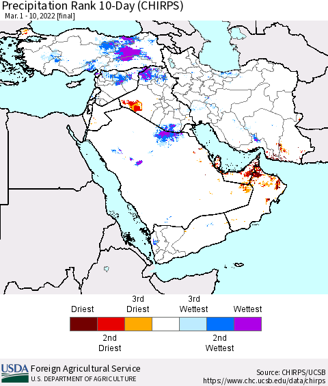 Middle East and Turkey Precipitation Rank since 1981, 10-Day (CHIRPS) Thematic Map For 3/1/2022 - 3/10/2022