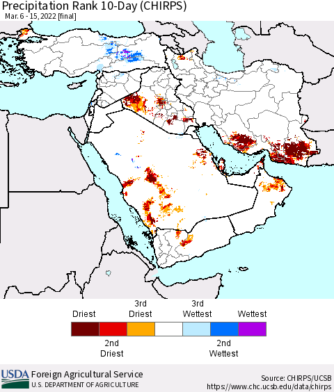 Middle East and Turkey Precipitation Rank since 1981, 10-Day (CHIRPS) Thematic Map For 3/6/2022 - 3/15/2022