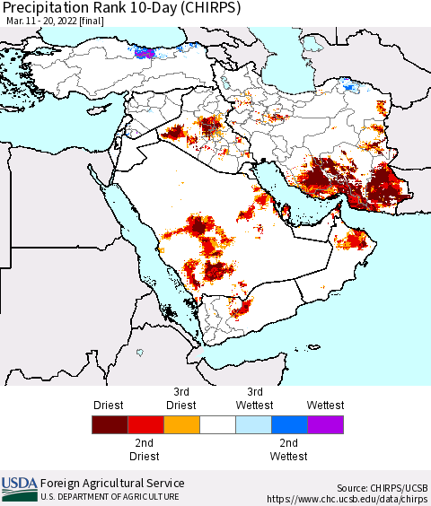 Middle East and Turkey Precipitation Rank since 1981, 10-Day (CHIRPS) Thematic Map For 3/11/2022 - 3/20/2022