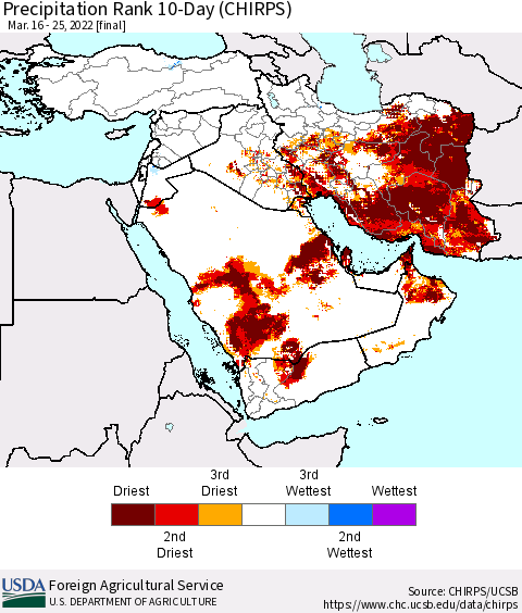 Middle East and Turkey Precipitation Rank since 1981, 10-Day (CHIRPS) Thematic Map For 3/16/2022 - 3/25/2022