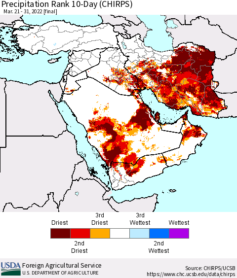 Middle East and Turkey Precipitation Rank since 1981, 10-Day (CHIRPS) Thematic Map For 3/21/2022 - 3/31/2022