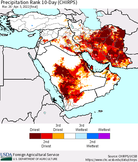 Middle East and Turkey Precipitation Rank since 1981, 10-Day (CHIRPS) Thematic Map For 3/26/2022 - 4/5/2022