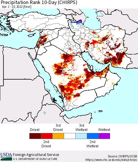 Middle East and Turkey Precipitation Rank since 1981, 10-Day (CHIRPS) Thematic Map For 4/1/2022 - 4/10/2022