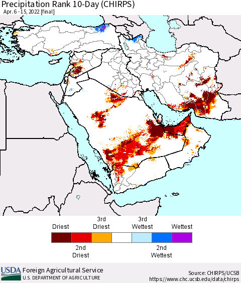 Middle East and Turkey Precipitation Rank since 1981, 10-Day (CHIRPS) Thematic Map For 4/6/2022 - 4/15/2022