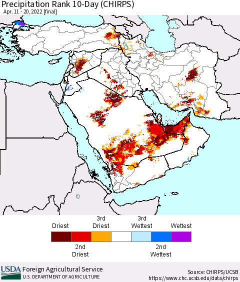 Middle East and Turkey Precipitation Rank since 1981, 10-Day (CHIRPS) Thematic Map For 4/11/2022 - 4/20/2022