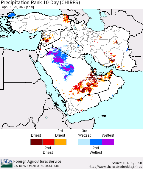 Middle East and Turkey Precipitation Rank since 1981, 10-Day (CHIRPS) Thematic Map For 4/16/2022 - 4/25/2022