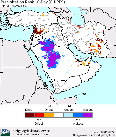 Middle East and Turkey Precipitation Rank since 1981, 10-Day (CHIRPS) Thematic Map For 4/21/2022 - 4/30/2022