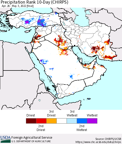 Middle East and Turkey Precipitation Rank since 1981, 10-Day (CHIRPS) Thematic Map For 4/26/2022 - 5/5/2022