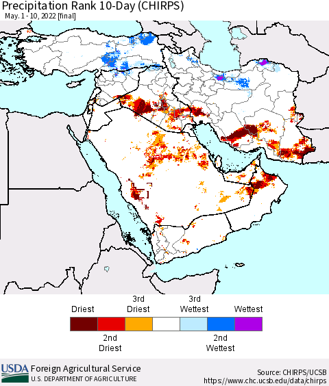 Middle East and Turkey Precipitation Rank since 1981, 10-Day (CHIRPS) Thematic Map For 5/1/2022 - 5/10/2022