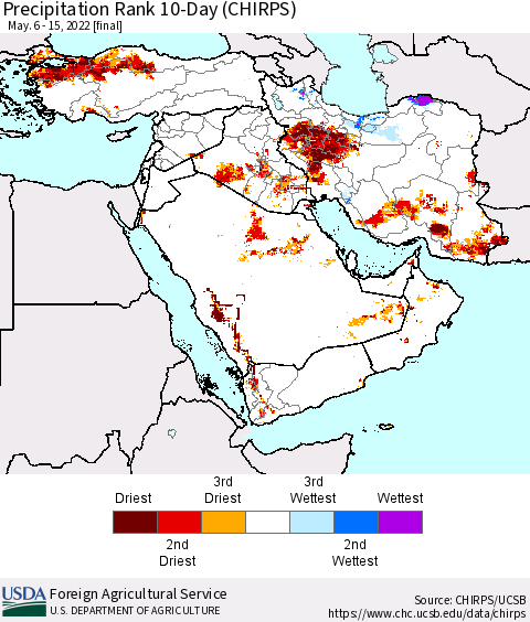 Middle East and Turkey Precipitation Rank since 1981, 10-Day (CHIRPS) Thematic Map For 5/6/2022 - 5/15/2022