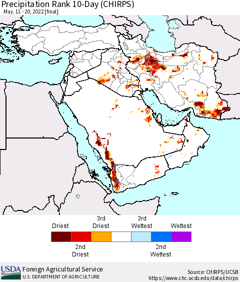 Middle East and Turkey Precipitation Rank since 1981, 10-Day (CHIRPS) Thematic Map For 5/11/2022 - 5/20/2022