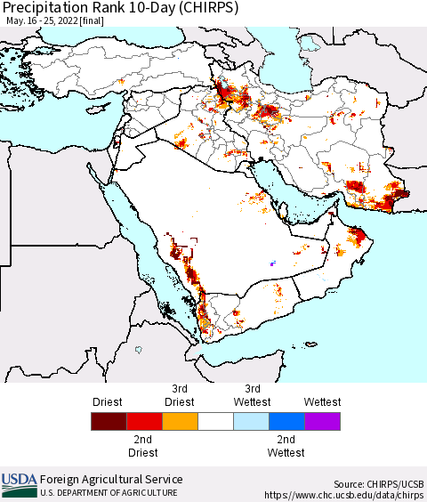 Middle East and Turkey Precipitation Rank since 1981, 10-Day (CHIRPS) Thematic Map For 5/16/2022 - 5/25/2022