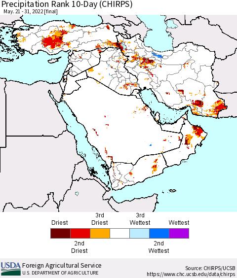 Middle East and Turkey Precipitation Rank since 1981, 10-Day (CHIRPS) Thematic Map For 5/21/2022 - 5/31/2022