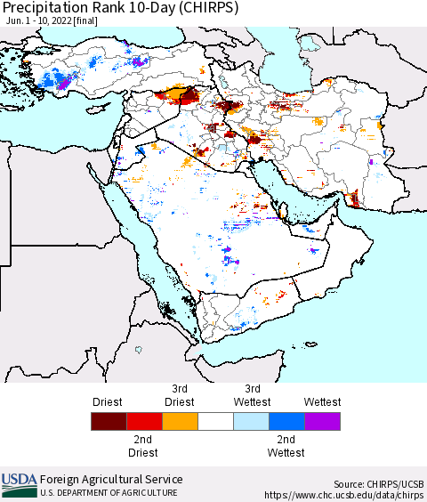 Middle East and Turkey Precipitation Rank since 1981, 10-Day (CHIRPS) Thematic Map For 6/1/2022 - 6/10/2022