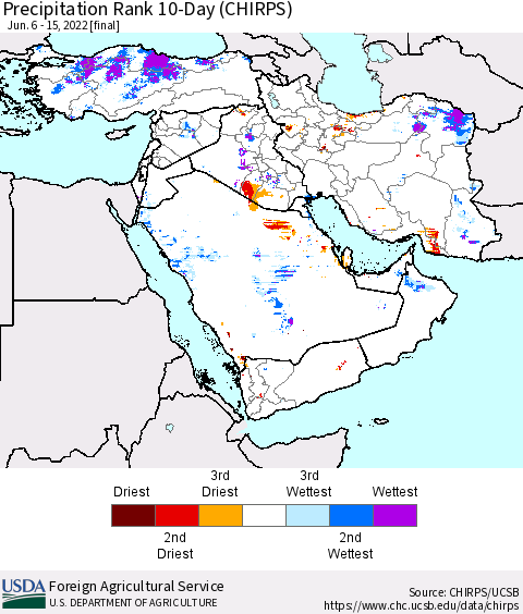 Middle East and Turkey Precipitation Rank since 1981, 10-Day (CHIRPS) Thematic Map For 6/6/2022 - 6/15/2022