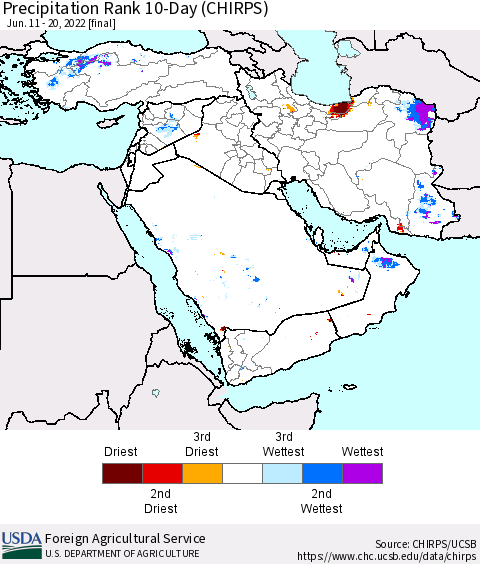 Middle East and Turkey Precipitation Rank since 1981, 10-Day (CHIRPS) Thematic Map For 6/11/2022 - 6/20/2022