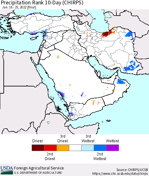Middle East and Turkey Precipitation Rank since 1981, 10-Day (CHIRPS) Thematic Map For 6/16/2022 - 6/25/2022
