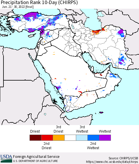 Middle East and Turkey Precipitation Rank since 1981, 10-Day (CHIRPS) Thematic Map For 6/21/2022 - 6/30/2022
