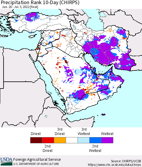 Middle East and Turkey Precipitation Rank since 1981, 10-Day (CHIRPS) Thematic Map For 6/26/2022 - 7/5/2022