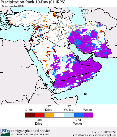 Middle East and Turkey Precipitation Rank since 1981, 10-Day (CHIRPS) Thematic Map For 7/1/2022 - 7/10/2022