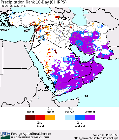 Middle East and Turkey Precipitation Rank since 1981, 10-Day (CHIRPS) Thematic Map For 7/6/2022 - 7/15/2022