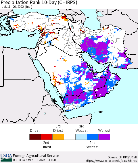 Middle East and Turkey Precipitation Rank since 1981, 10-Day (CHIRPS) Thematic Map For 7/11/2022 - 7/20/2022