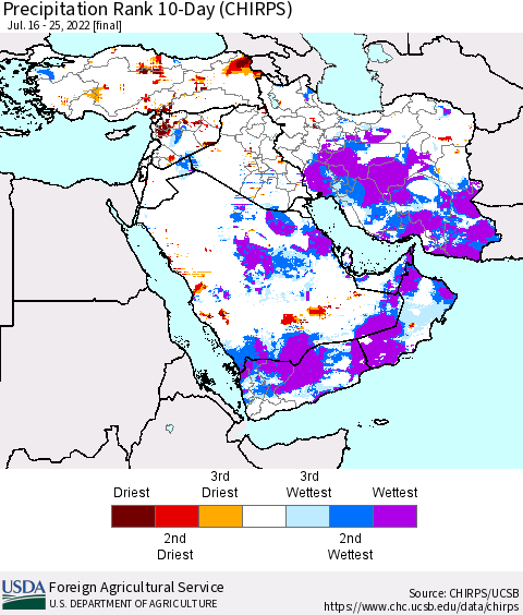 Middle East and Turkey Precipitation Rank since 1981, 10-Day (CHIRPS) Thematic Map For 7/16/2022 - 7/25/2022