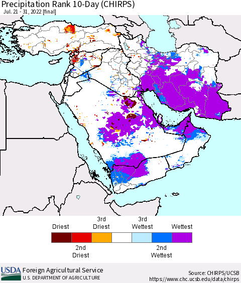 Middle East and Turkey Precipitation Rank since 1981, 10-Day (CHIRPS) Thematic Map For 7/21/2022 - 7/31/2022