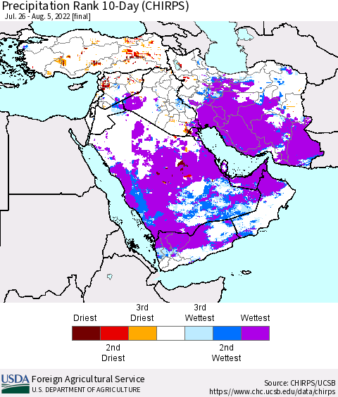Middle East and Turkey Precipitation Rank since 1981, 10-Day (CHIRPS) Thematic Map For 7/26/2022 - 8/5/2022