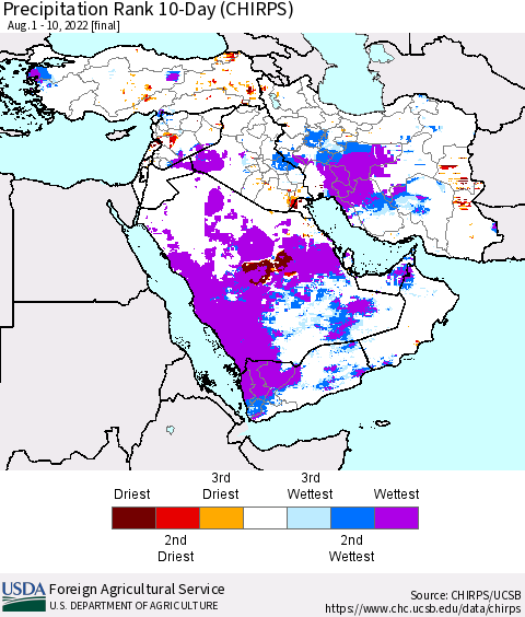 Middle East and Turkey Precipitation Rank since 1981, 10-Day (CHIRPS) Thematic Map For 8/1/2022 - 8/10/2022