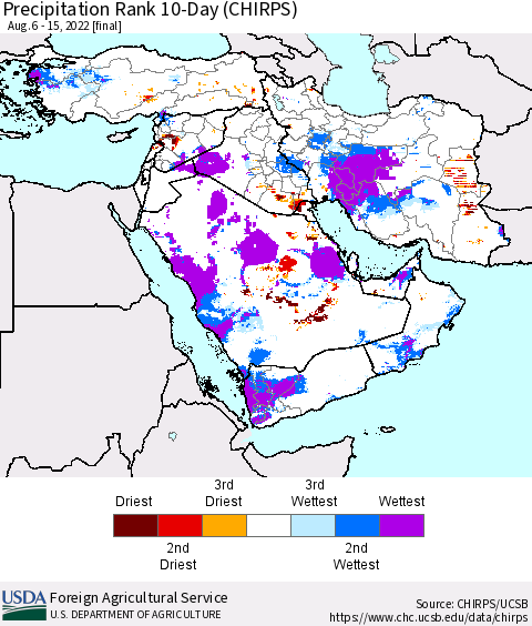 Middle East and Turkey Precipitation Rank since 1981, 10-Day (CHIRPS) Thematic Map For 8/6/2022 - 8/15/2022