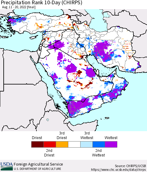 Middle East and Turkey Precipitation Rank since 1981, 10-Day (CHIRPS) Thematic Map For 8/11/2022 - 8/20/2022