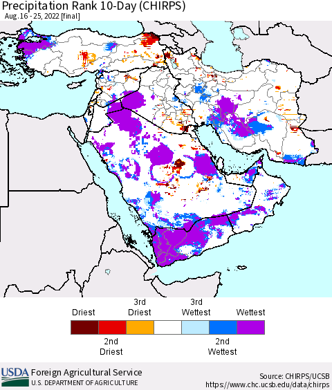 Middle East and Turkey Precipitation Rank since 1981, 10-Day (CHIRPS) Thematic Map For 8/16/2022 - 8/25/2022