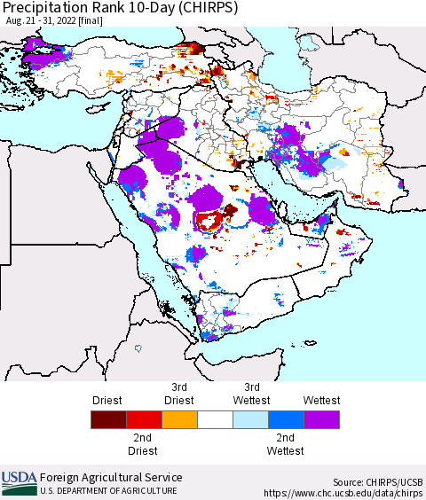 Middle East and Turkey Precipitation Rank since 1981, 10-Day (CHIRPS) Thematic Map For 8/21/2022 - 8/31/2022