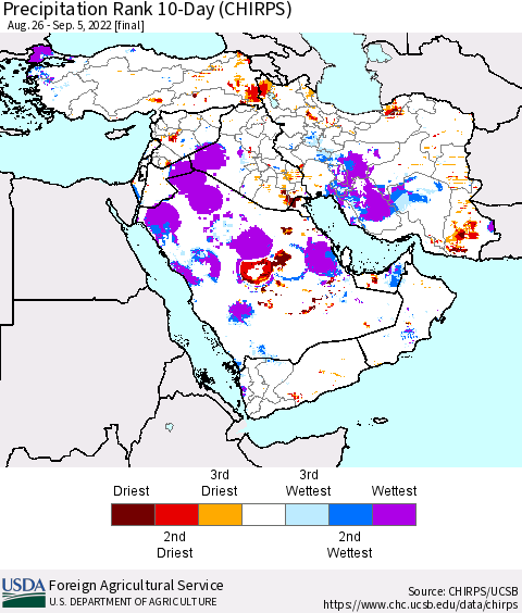 Middle East and Turkey Precipitation Rank since 1981, 10-Day (CHIRPS) Thematic Map For 8/26/2022 - 9/5/2022