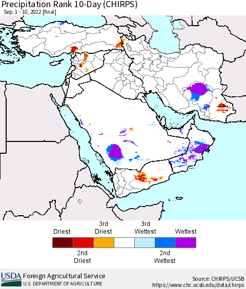 Middle East and Turkey Precipitation Rank since 1981, 10-Day (CHIRPS) Thematic Map For 9/1/2022 - 9/10/2022