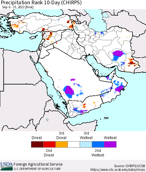 Middle East and Turkey Precipitation Rank since 1981, 10-Day (CHIRPS) Thematic Map For 9/6/2022 - 9/15/2022