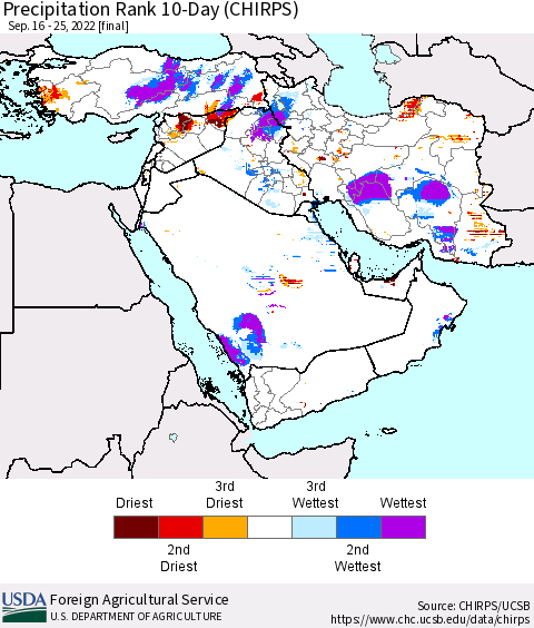 Middle East and Turkey Precipitation Rank since 1981, 10-Day (CHIRPS) Thematic Map For 9/16/2022 - 9/25/2022