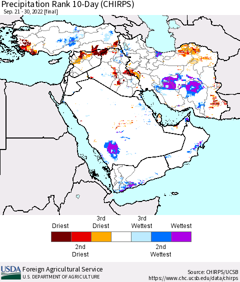 Middle East and Turkey Precipitation Rank since 1981, 10-Day (CHIRPS) Thematic Map For 9/21/2022 - 9/30/2022