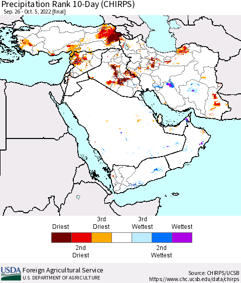 Middle East and Turkey Precipitation Rank since 1981, 10-Day (CHIRPS) Thematic Map For 9/26/2022 - 10/5/2022