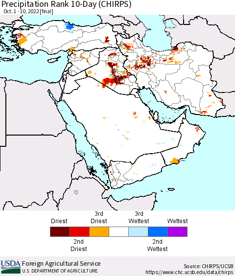 Middle East and Turkey Precipitation Rank since 1981, 10-Day (CHIRPS) Thematic Map For 10/1/2022 - 10/10/2022