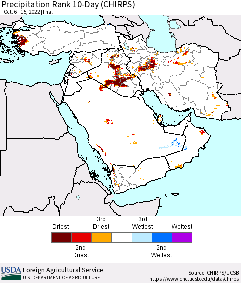 Middle East and Turkey Precipitation Rank since 1981, 10-Day (CHIRPS) Thematic Map For 10/6/2022 - 10/15/2022