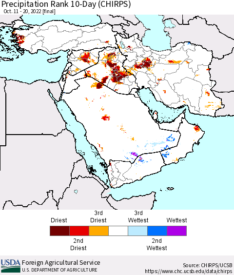 Middle East and Turkey Precipitation Rank since 1981, 10-Day (CHIRPS) Thematic Map For 10/11/2022 - 10/20/2022